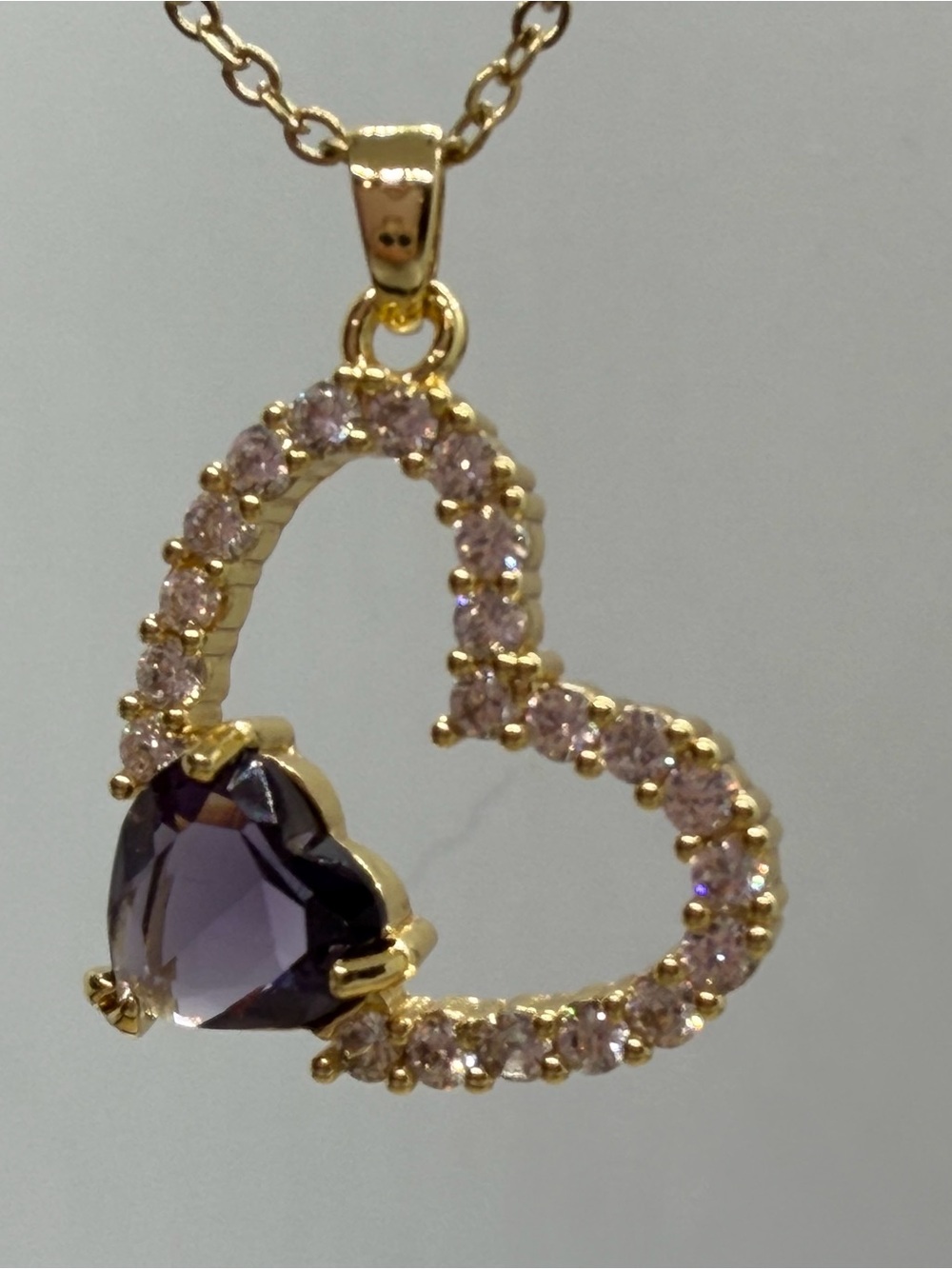 Gold Heart Pendant Necklace with Purple Heart Stone and Crystal Accents